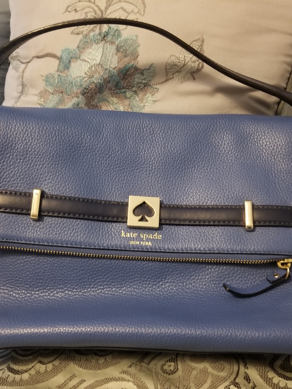 kate spade Blue Pebbled Leather Shoulder Bag with Black Trim